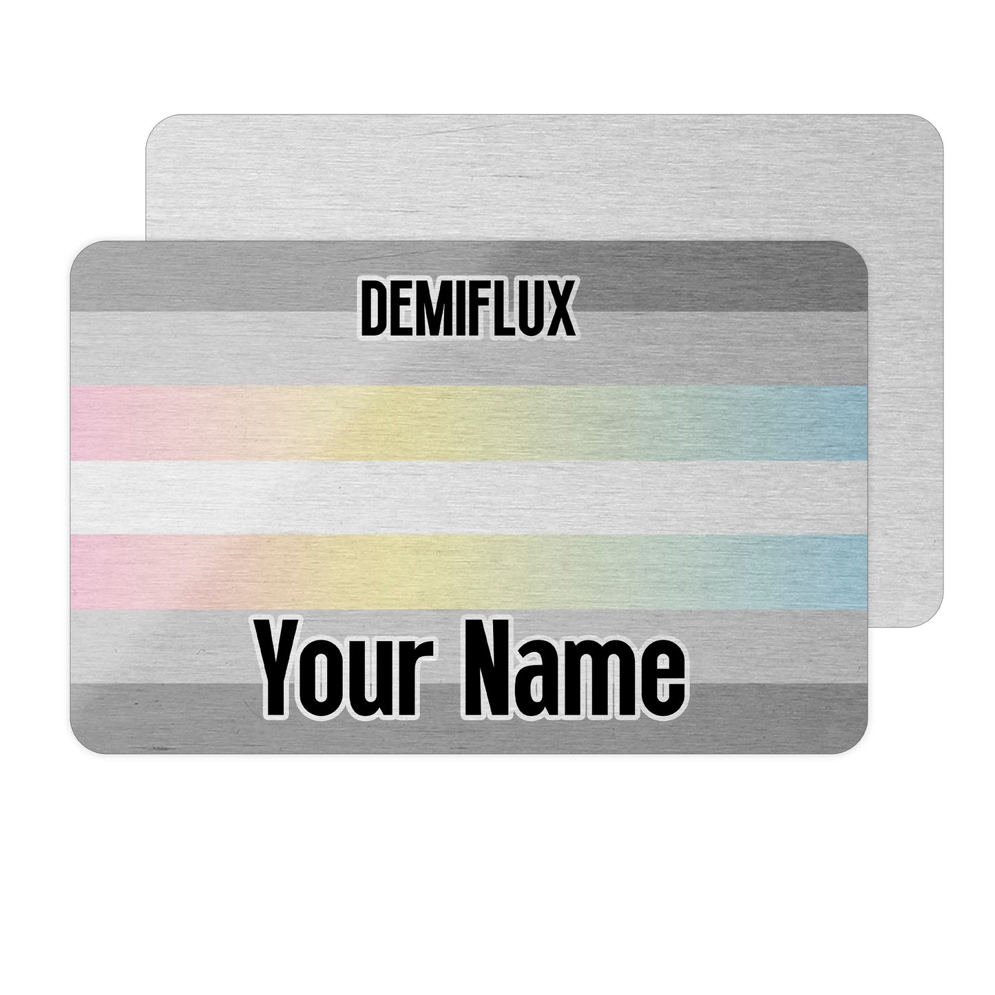 aluminium wallet card personalised with your name and the demiflux pride flag