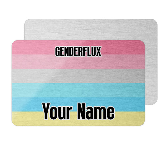 Aluminium wallet card personalised with your name and the genderflux pride flag