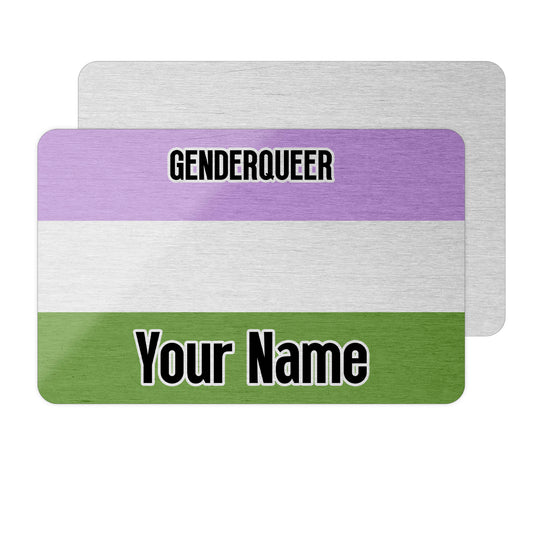 Aluminium wallet card personalised with your name and the genderqueer pride flag