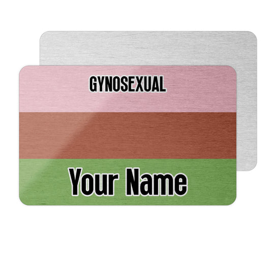 Aluminium wallet card personalised with your name and the gynosexual pride flag