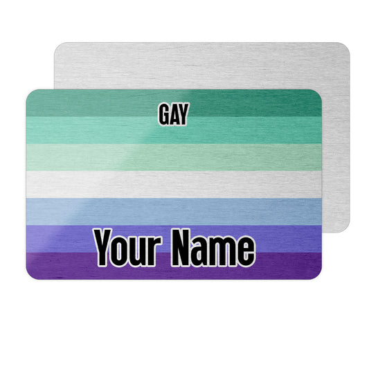 Aluminium wallet card personalised with your name and the men loving men gay pride flag