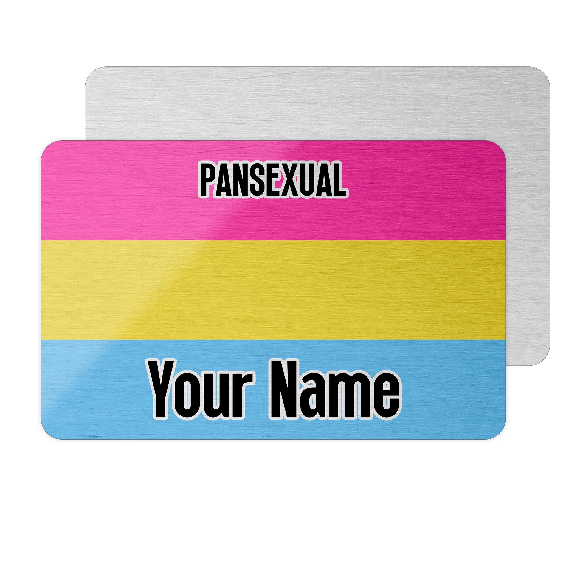 Aluminium wallet card personalised with your name and the pansexual pride flag