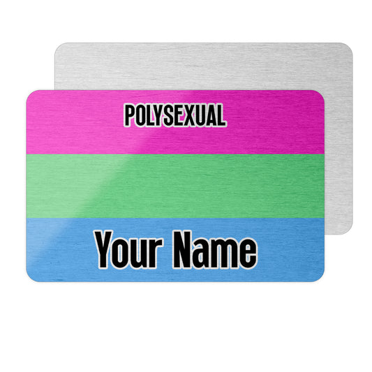 Aluminium wallet card personalised with your name and the polysexual pride flag