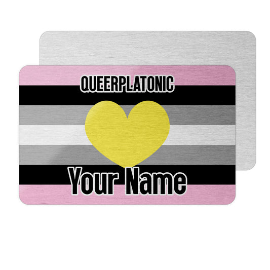 Aluminium wallet card personalised with your name and the queerplatonic pride flag