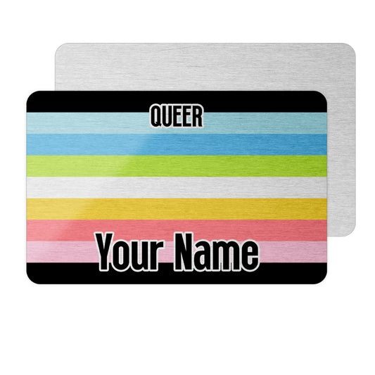 Aluminium metal wallet card personalised with your name and the queer pride flag