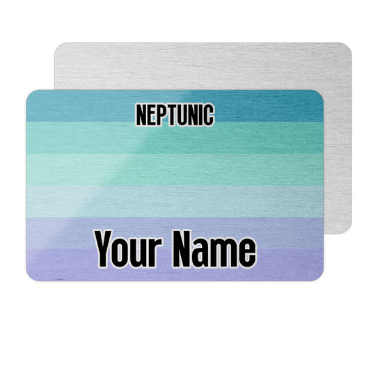 Aluminium wallet card personalised with your name and the neptunic pride flag