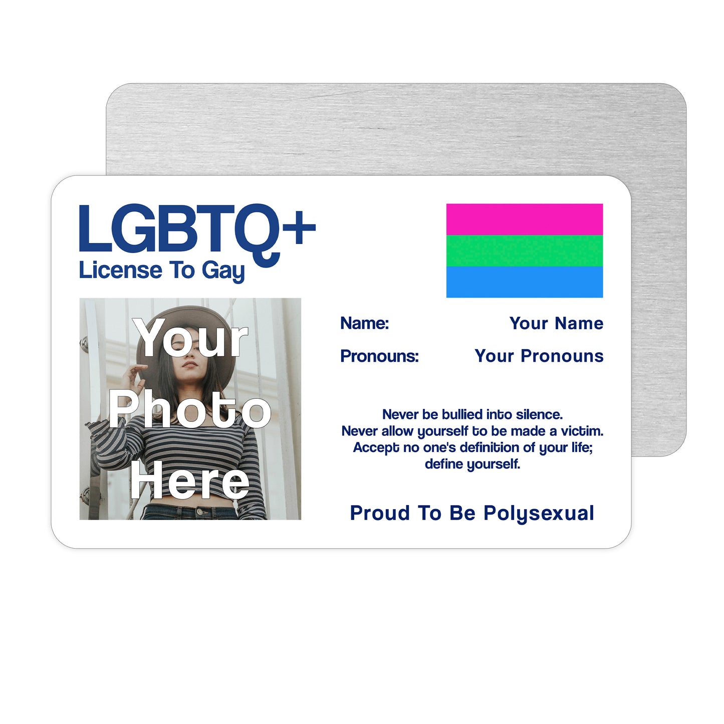 Polysexual license to gay aluminium wallet card personalised with your name, pronouns, and photo