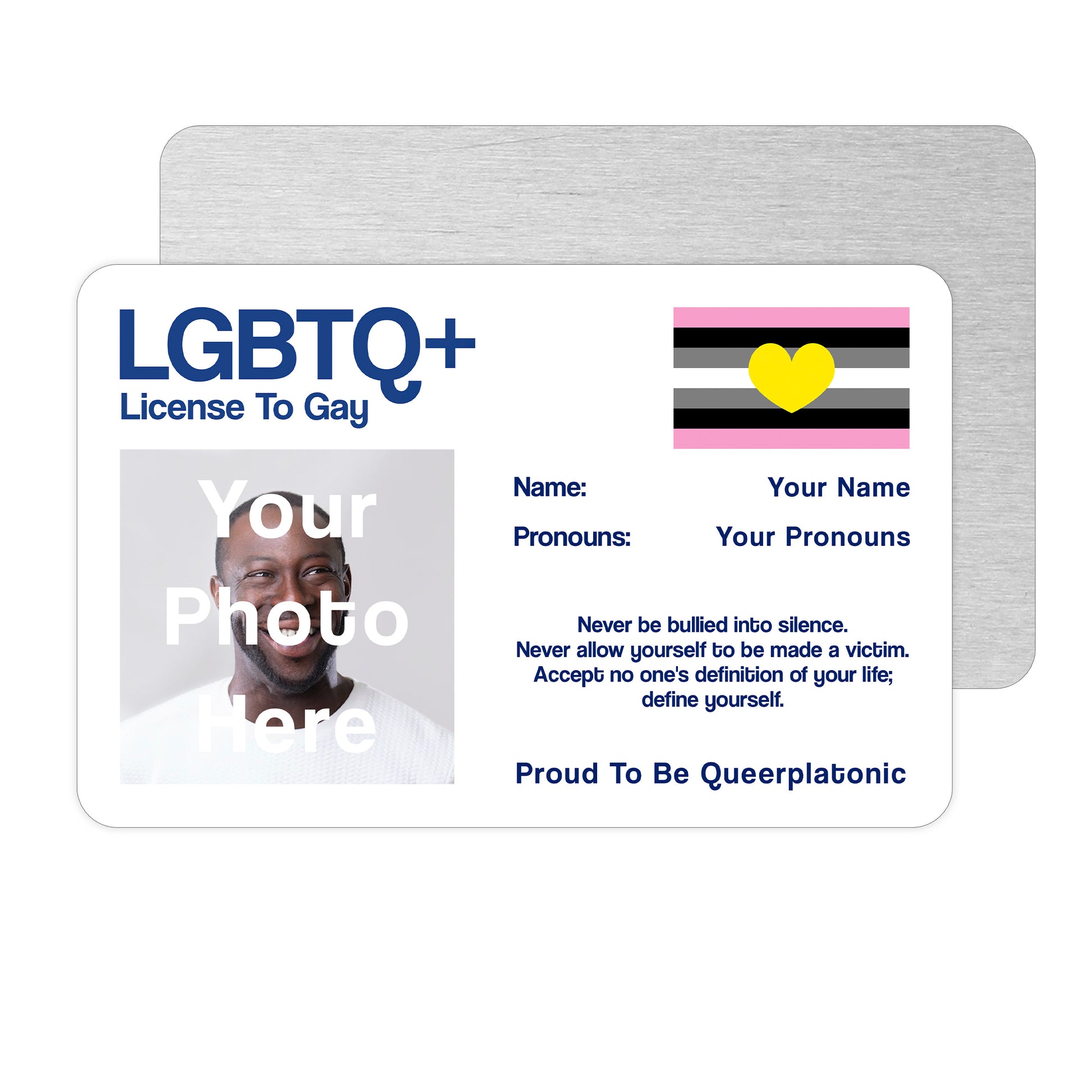 Queerplatonic license to gay aluminium wallet card personalised with your name, pronouns and photo