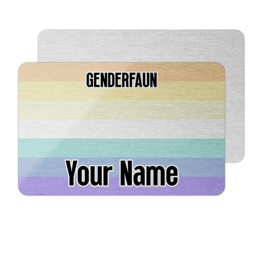 Aluminium wallet card personalised with your name and the genderfaun pride flag