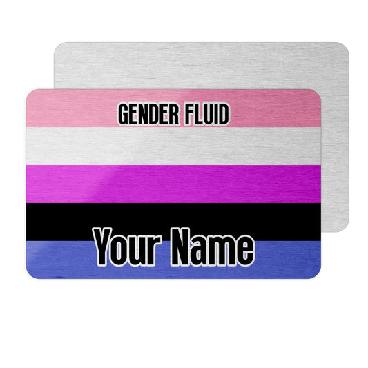 Aluminium metal wallet card personalised with your name and the gender fluid pride flag