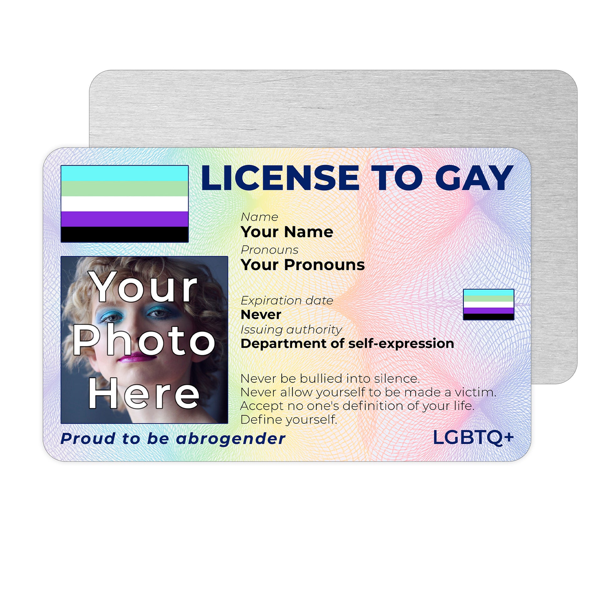 Personalised License To Gay novelty wallet card with your photo, name, and pronouns featuring a Abrogender pride flag design.