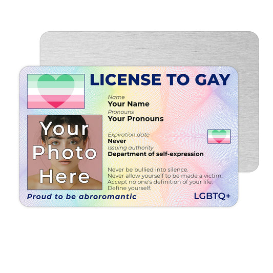Personalised License To Gay novelty wallet card with your photo, name, and pronouns featuring a Abroromantic pride flag design.
