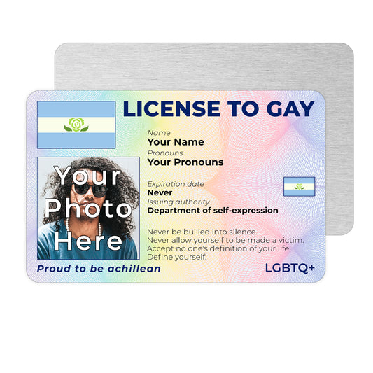 Personalised License To Gay novelty wallet card with your photo, name, and pronouns featuring a Achillean pride flag design.