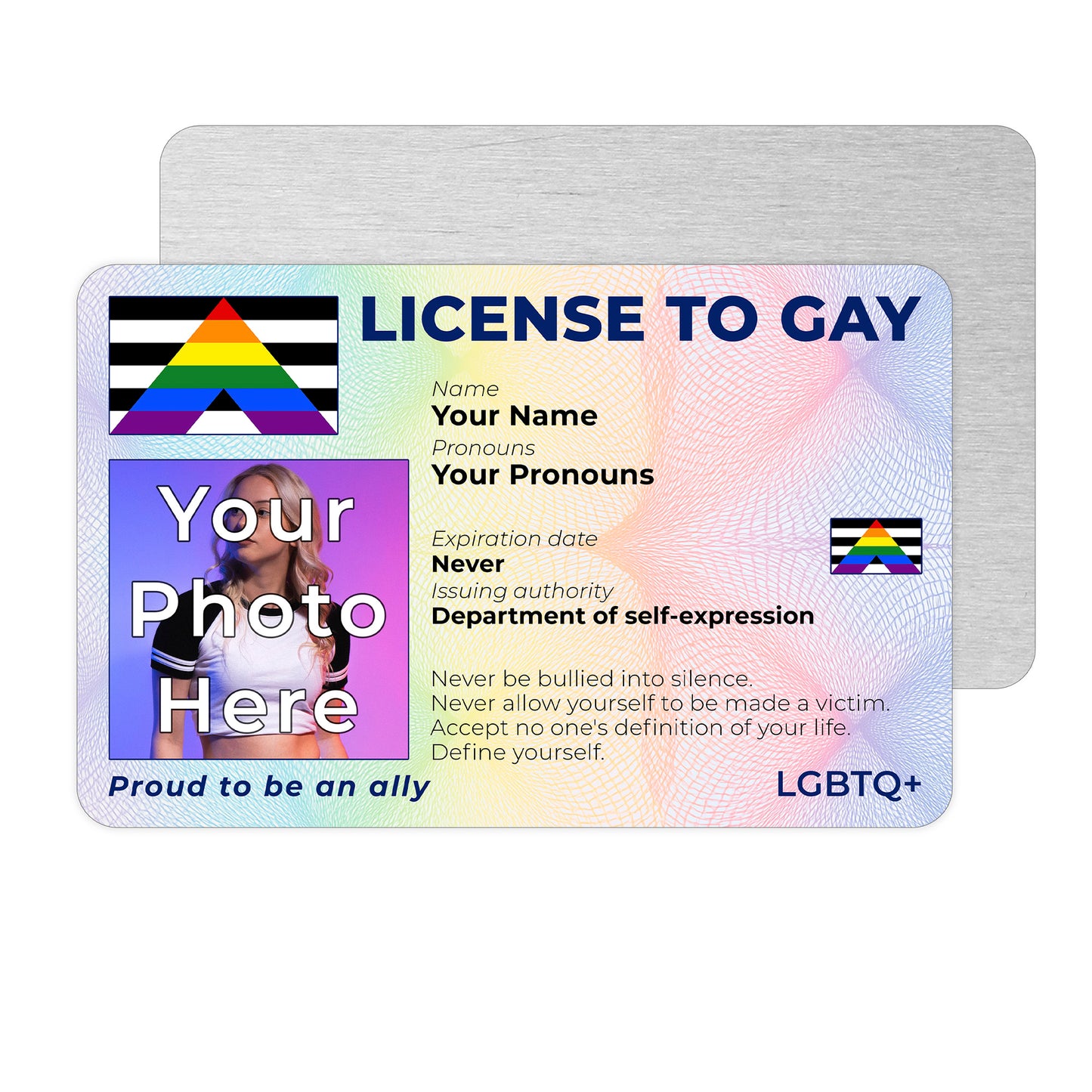 Personalised License To Gay novelty wallet card with your photo, name, and pronouns featuring a Straight Ally pride flag design.