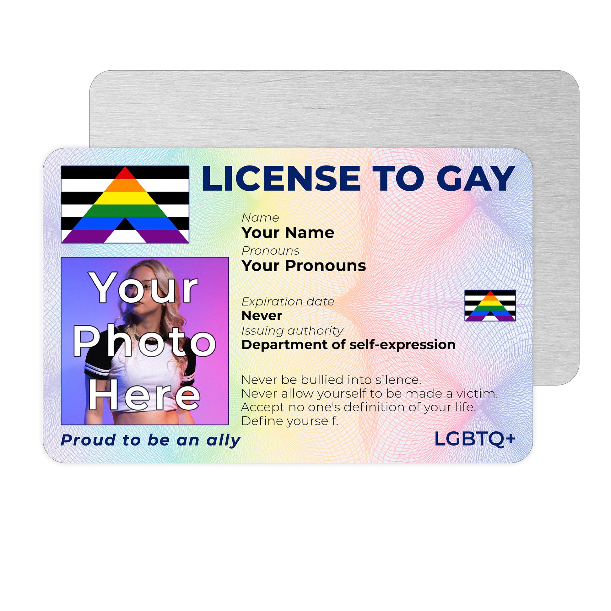Personalised License To Gay novelty wallet card with your photo, name, and pronouns featuring a Straight Ally pride flag design.
