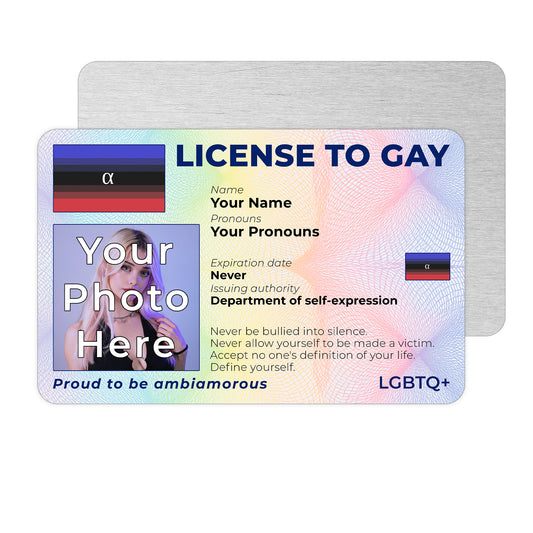 Personalised License To Gay novelty wallet card with your photo, name, and pronouns featuring a Ambiamorous pride flag design.
