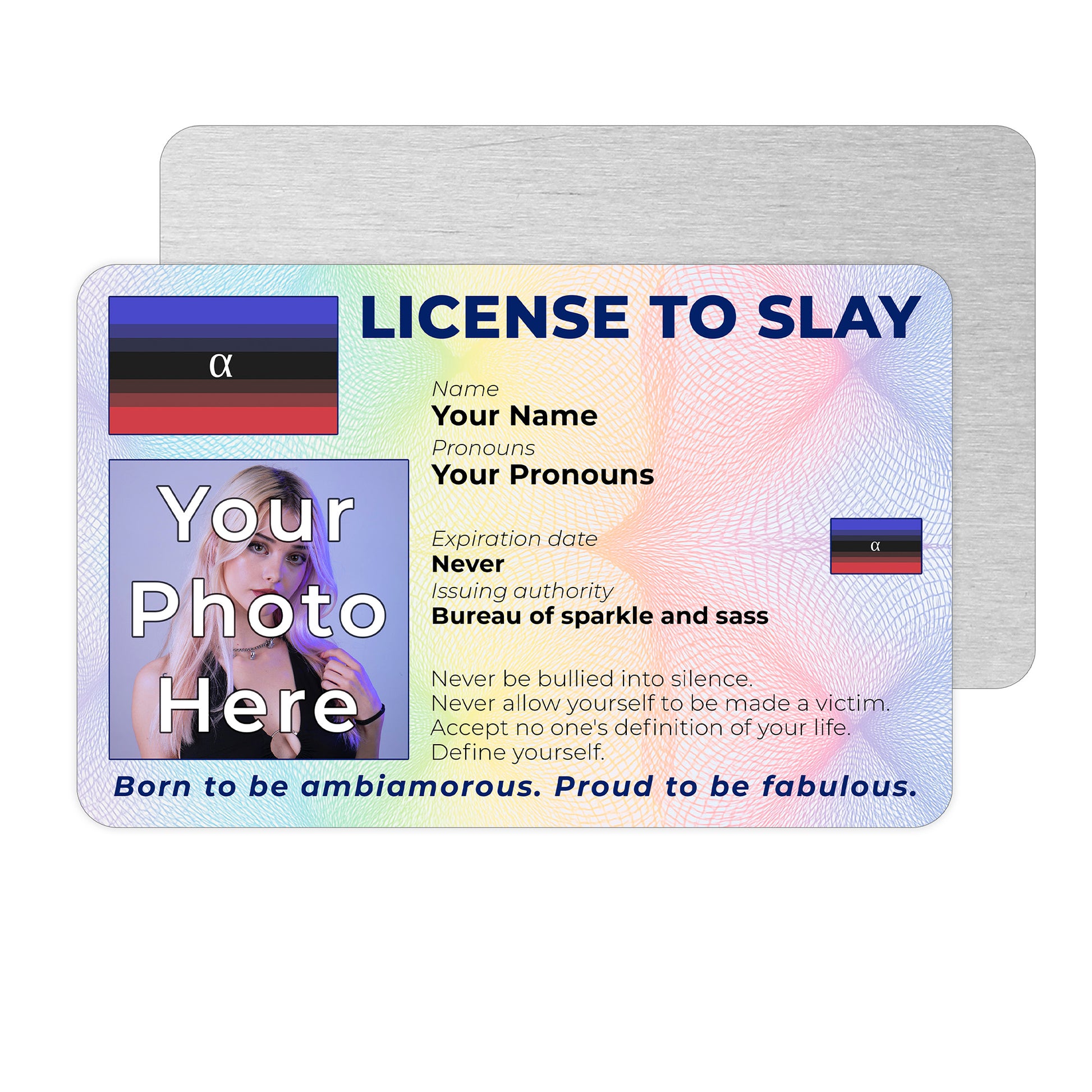 Personalised License To Slay novelty wallet card with your photo, name, and pronouns featuring a Ambiamorous pride flag design.