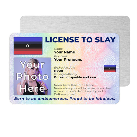 Personalised License To Slay novelty wallet card with your photo, name, and pronouns featuring a Ambiamorous pride flag design.