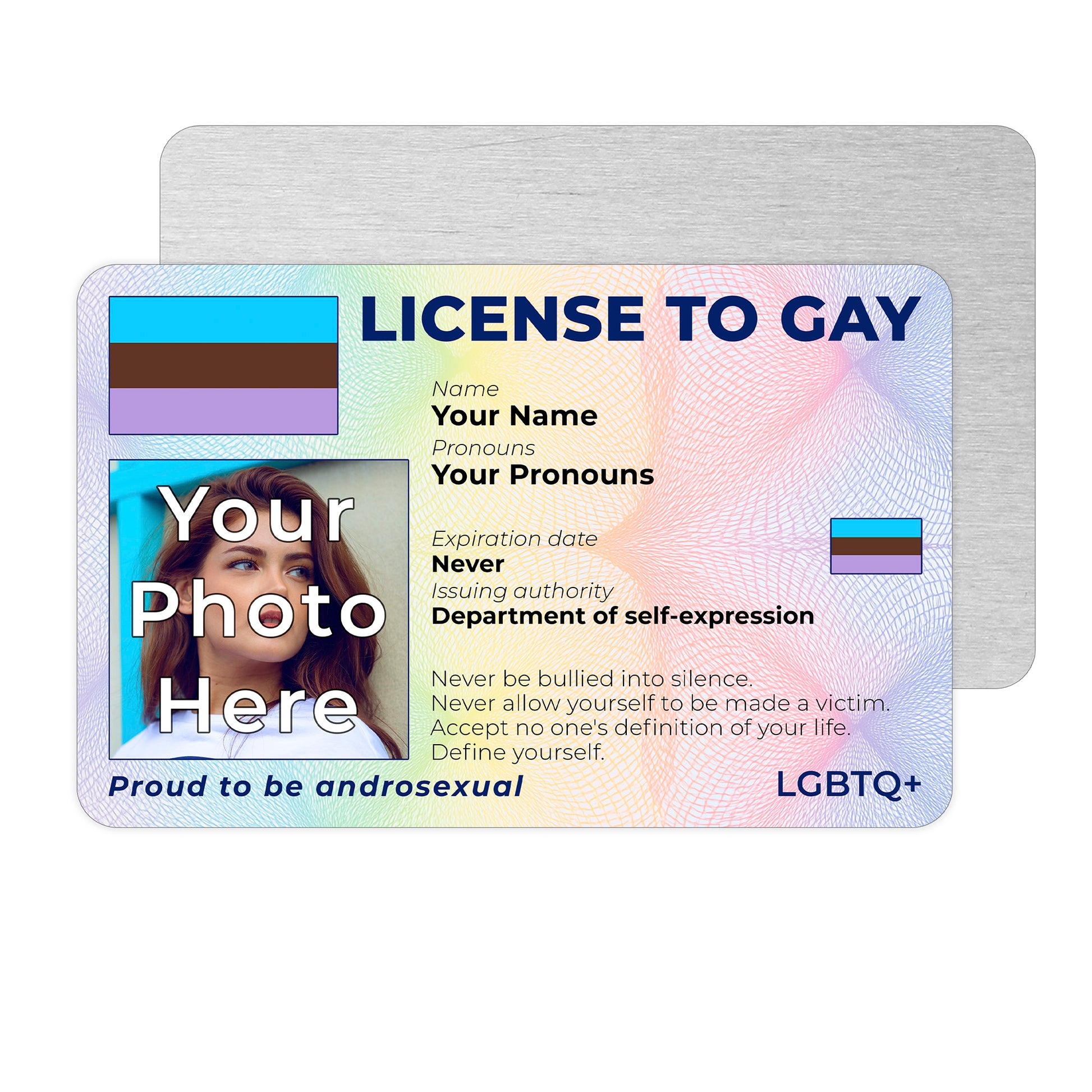Personalised License To Gay novelty wallet card with your photo, name, and pronouns featuring a Androsexual pride flag design.