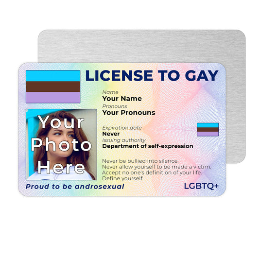 Personalised License To Gay novelty wallet card with your photo, name, and pronouns featuring a Androsexual pride flag design.