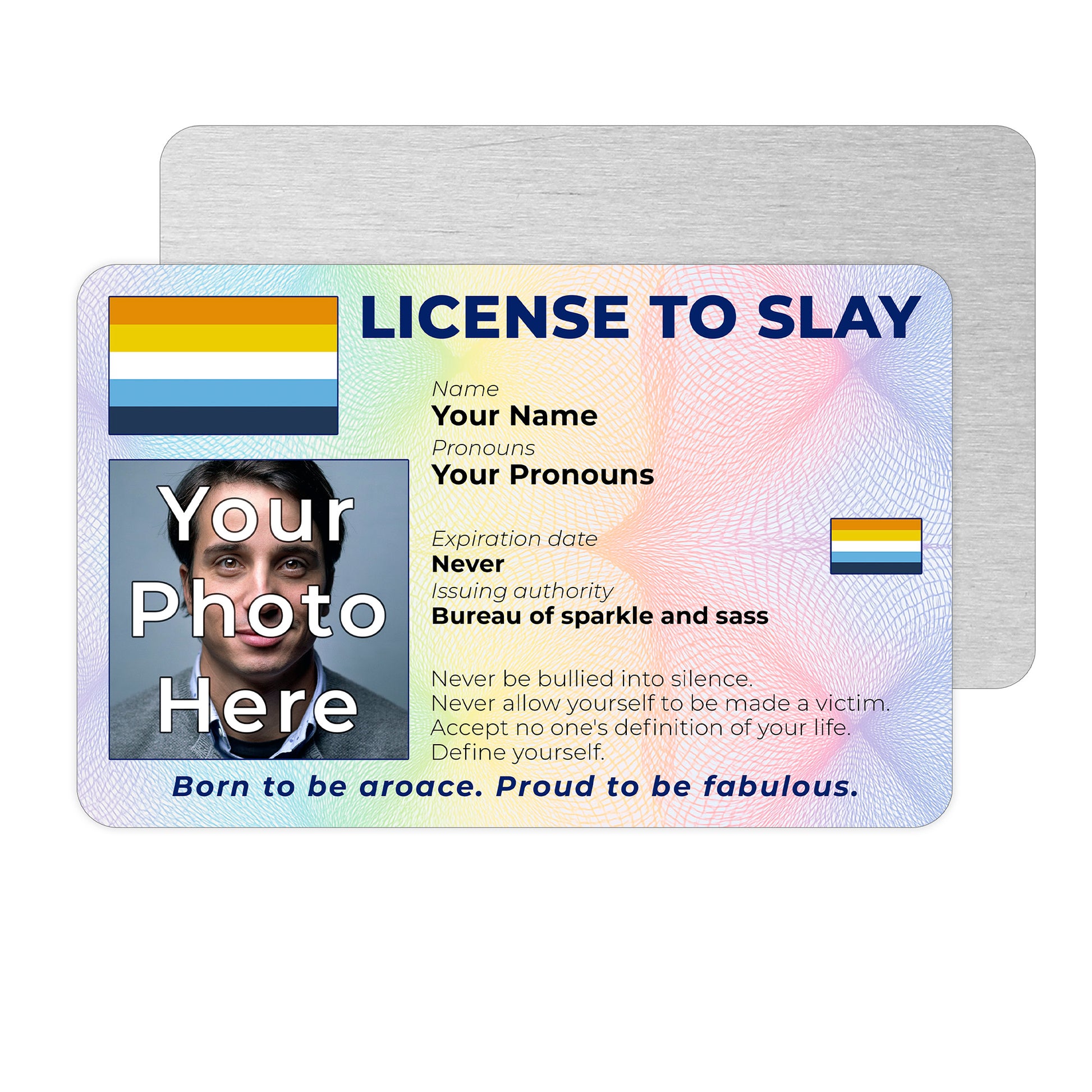 Personalised License To Slay novelty wallet card with your photo, name, and pronouns featuring a Aroace pride flag design.