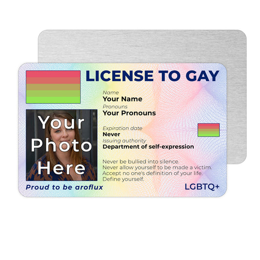 Personalised License To Gay novelty wallet card with your photo, name, and pronouns featuring a Aroflux pride flag design.