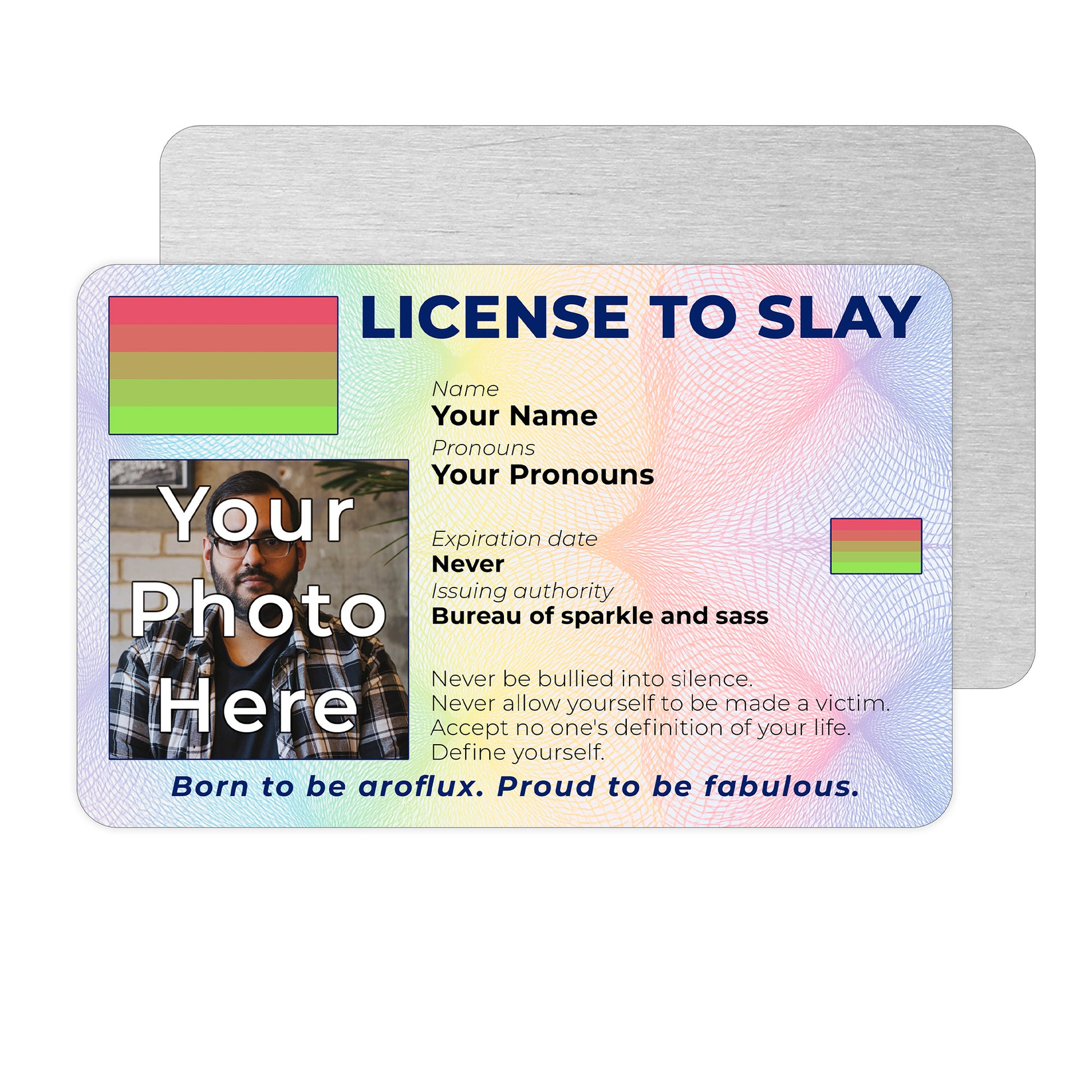 Personalised License To Slay novelty wallet card with your photo, name, and pronouns featuring a Aroflux pride flag design.