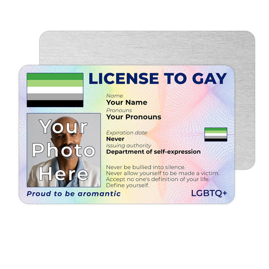 Personalised License To Gay novelty wallet card with your photo, name, and pronouns featuring a Aromantic pride flag design.