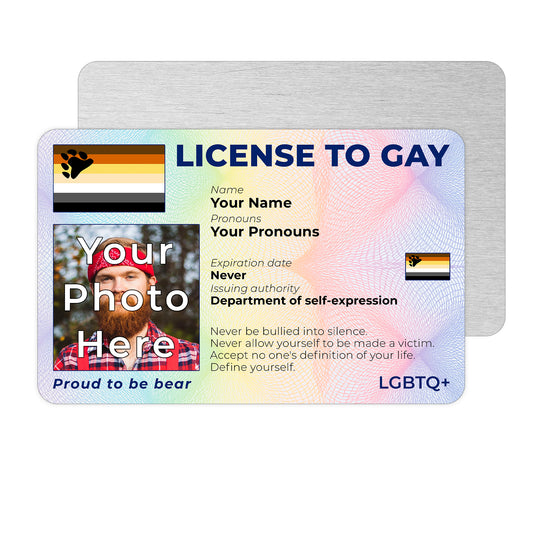 Personalised License To Gay novelty wallet card with your photo, name, and pronouns featuring a Bear pride flag design.