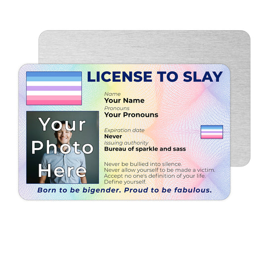 Personalised License To Slay novelty wallet card with your photo, name, and pronouns featuring a Bigender pride flag design.