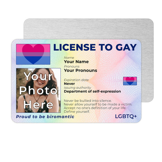 Personalised License To Gay novelty wallet card with your photo, name, and pronouns featuring a Biromantic pride flag design.