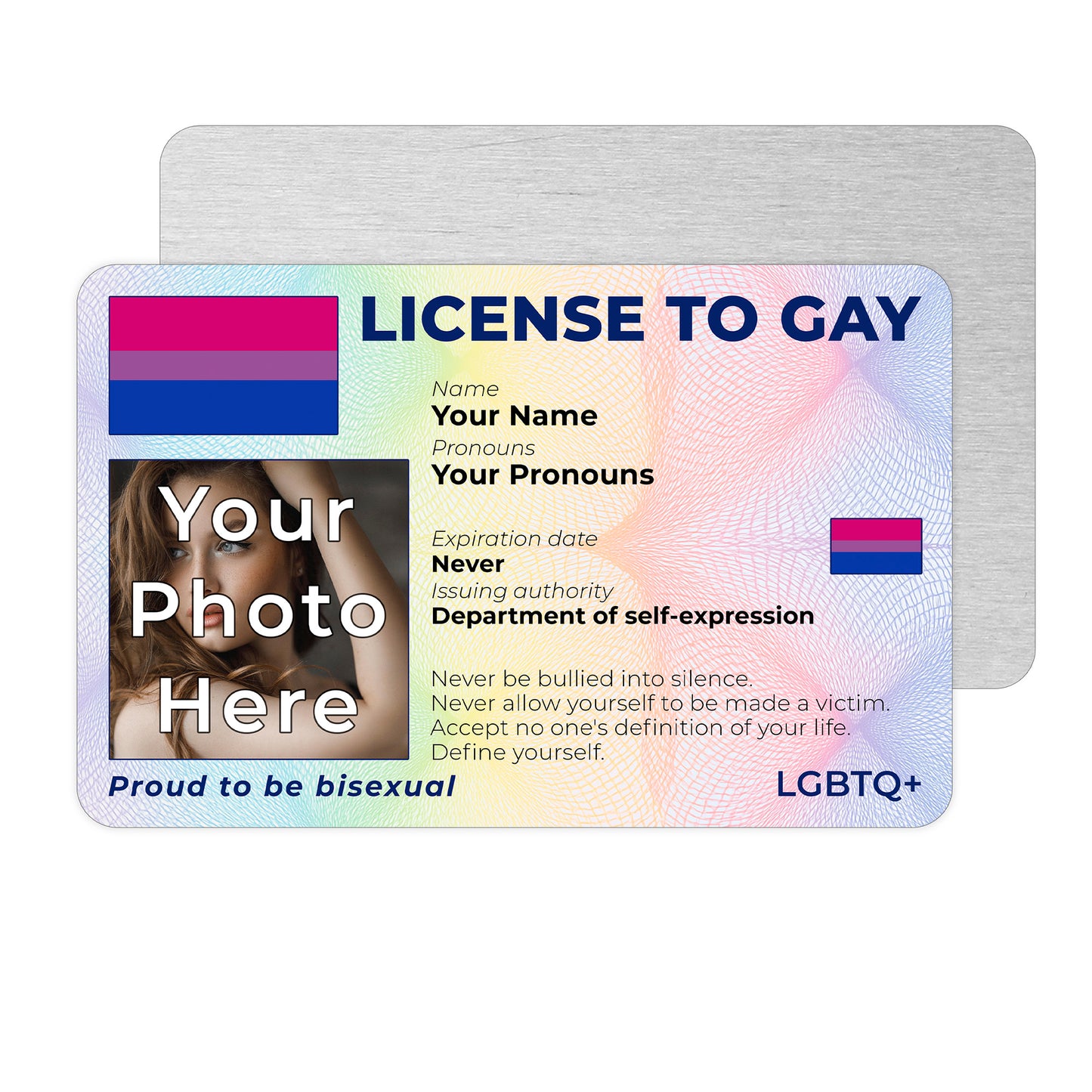 Personalised License To Gay novelty wallet card with your photo, name, and pronouns featuring a Bisexual pride flag design.