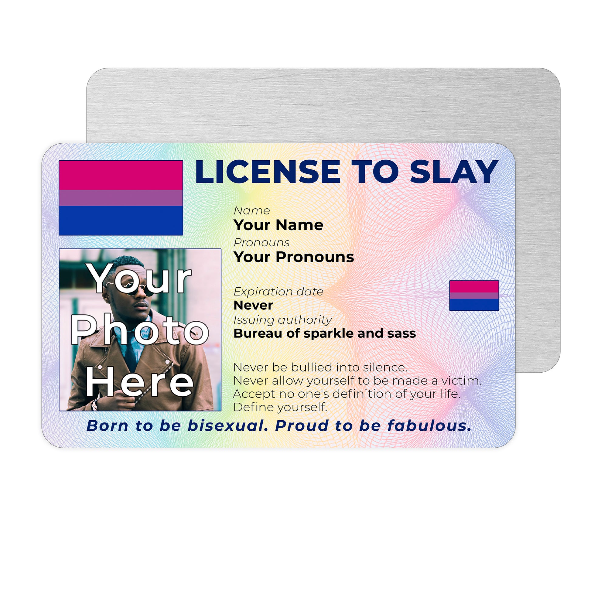 Personalised License To Slay novelty wallet card with your photo, name, and pronouns featuring a Bisexual pride flag design.