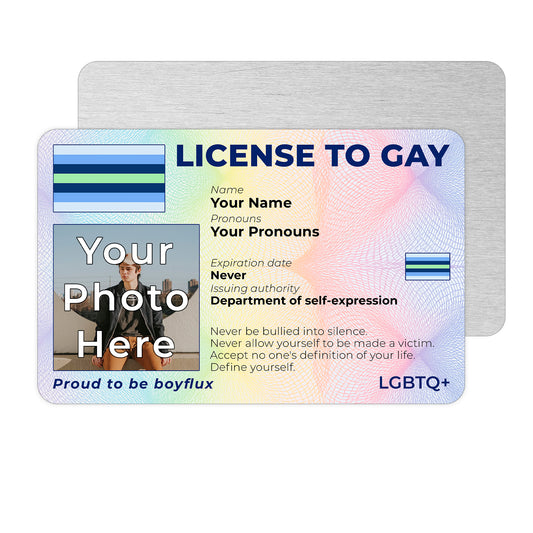 Personalised License To Gay novelty wallet card with your photo, name, and pronouns featuring a Boyflux pride flag design.