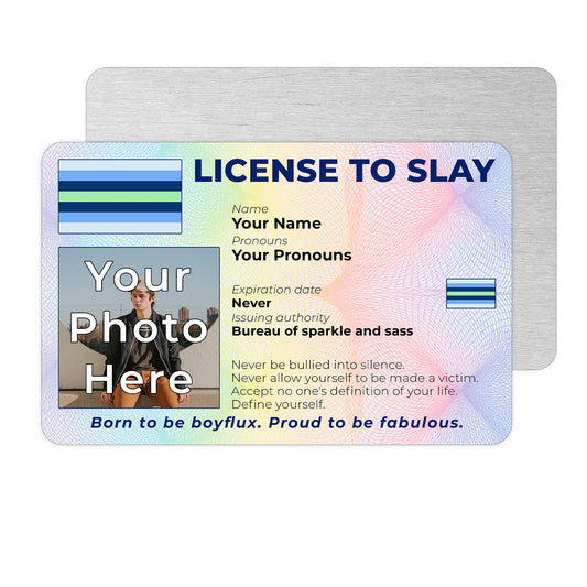 Personalised License To Slay novelty wallet card with your photo, name, and pronouns featuring a Boyflux pride flag design.