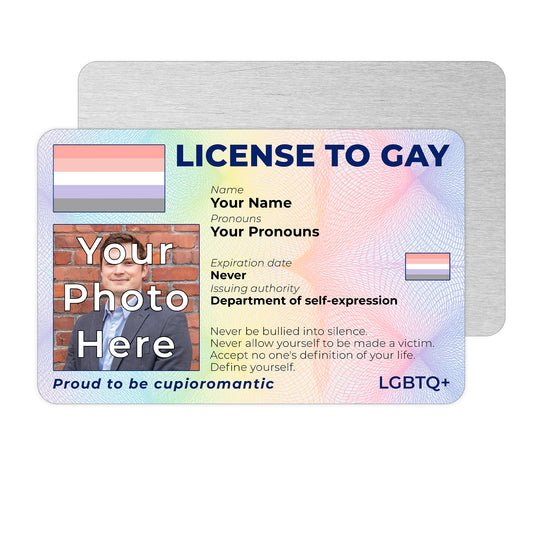 Personalised License To Gay novelty wallet card with your photo, name, and pronouns featuring a Cupioromantic pride flag design.