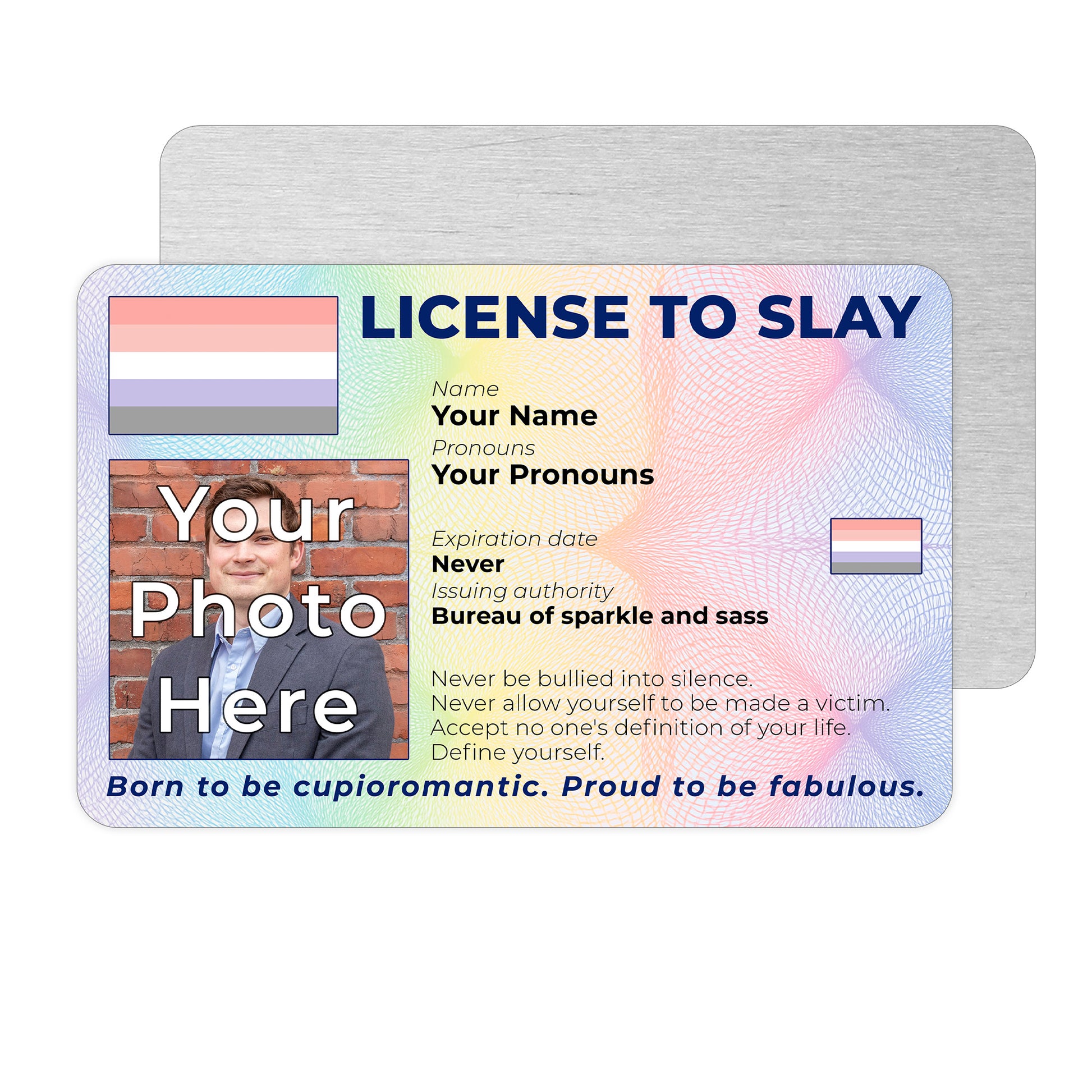 Personalised License To Slay novelty wallet card with your photo, name, and pronouns featuring a cupioromantic pride flag design.