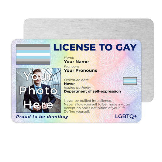 Personalised License To Gay novelty wallet card with your photo, name, and pronouns featuring a Demiboy pride flag design.