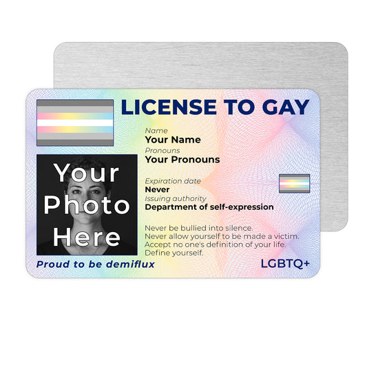 Personalised License To Gay novelty wallet card with your photo, name, and pronouns featuring a Demiflux pride flag design.