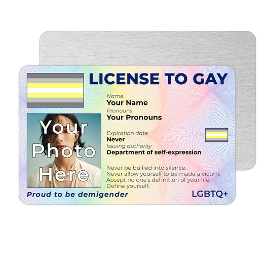 Personalised License To Gay novelty wallet card with your photo, name, and pronouns featuring a Demigender pride flag design.