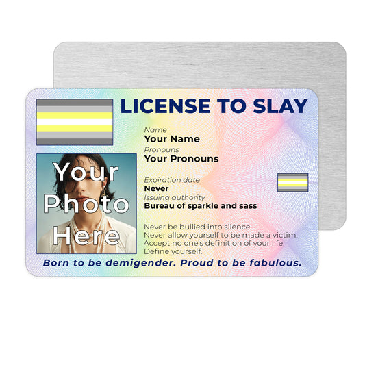 Personalised License To Slay novelty wallet card with your photo, name, and pronouns featuring a Demigender pride flag design.