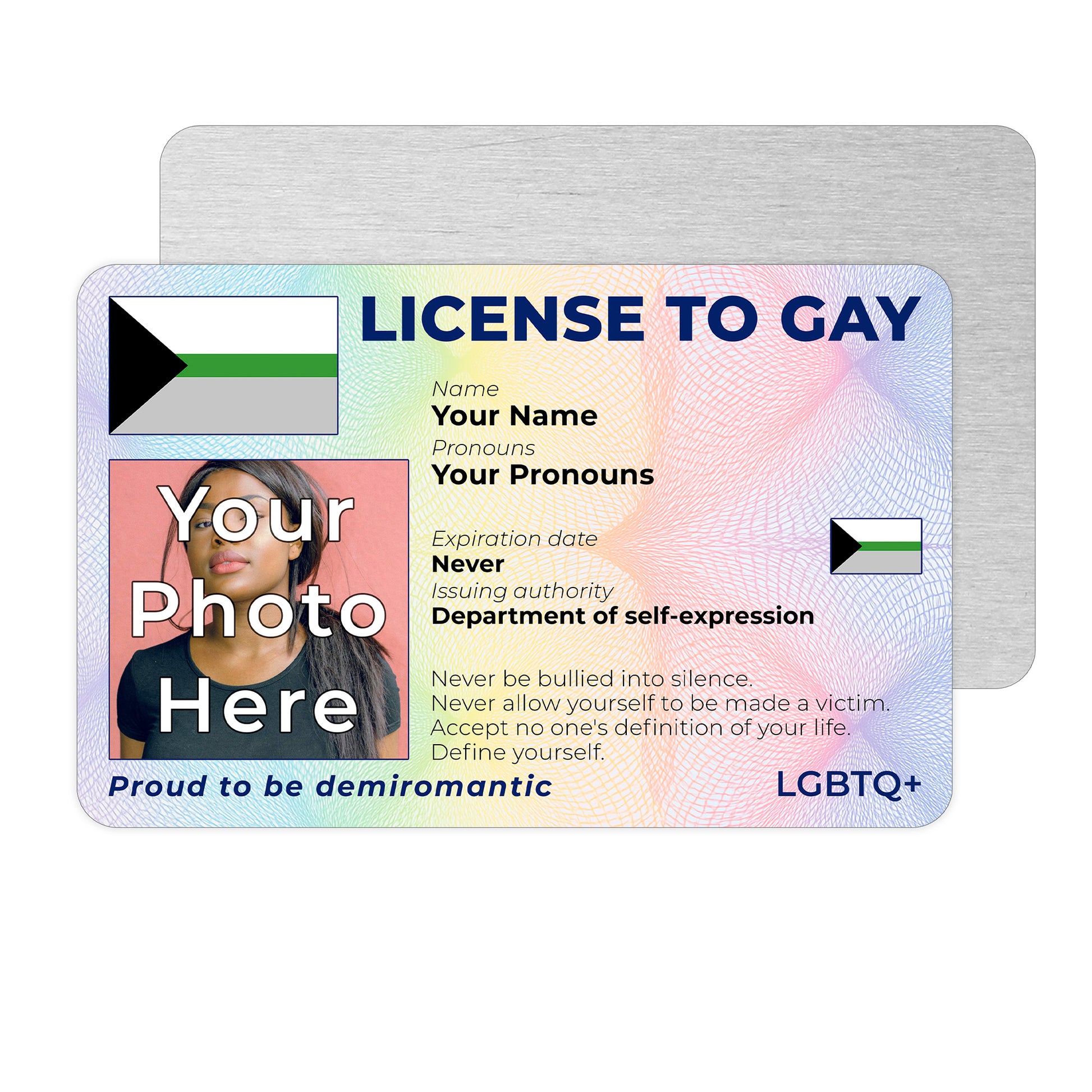 Personalised License To Gay novelty wallet card with your photo, name, and pronouns featuring a Demiromantic pride flag design.