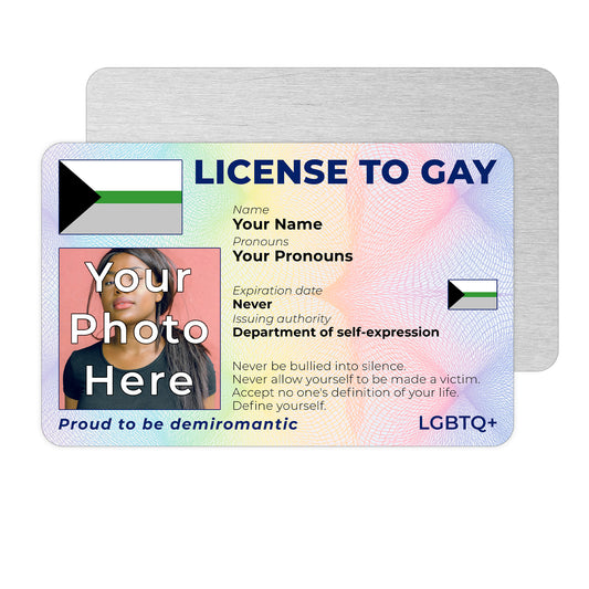 Personalised License To Gay novelty wallet card with your photo, name, and pronouns featuring a Demiromantic pride flag design.