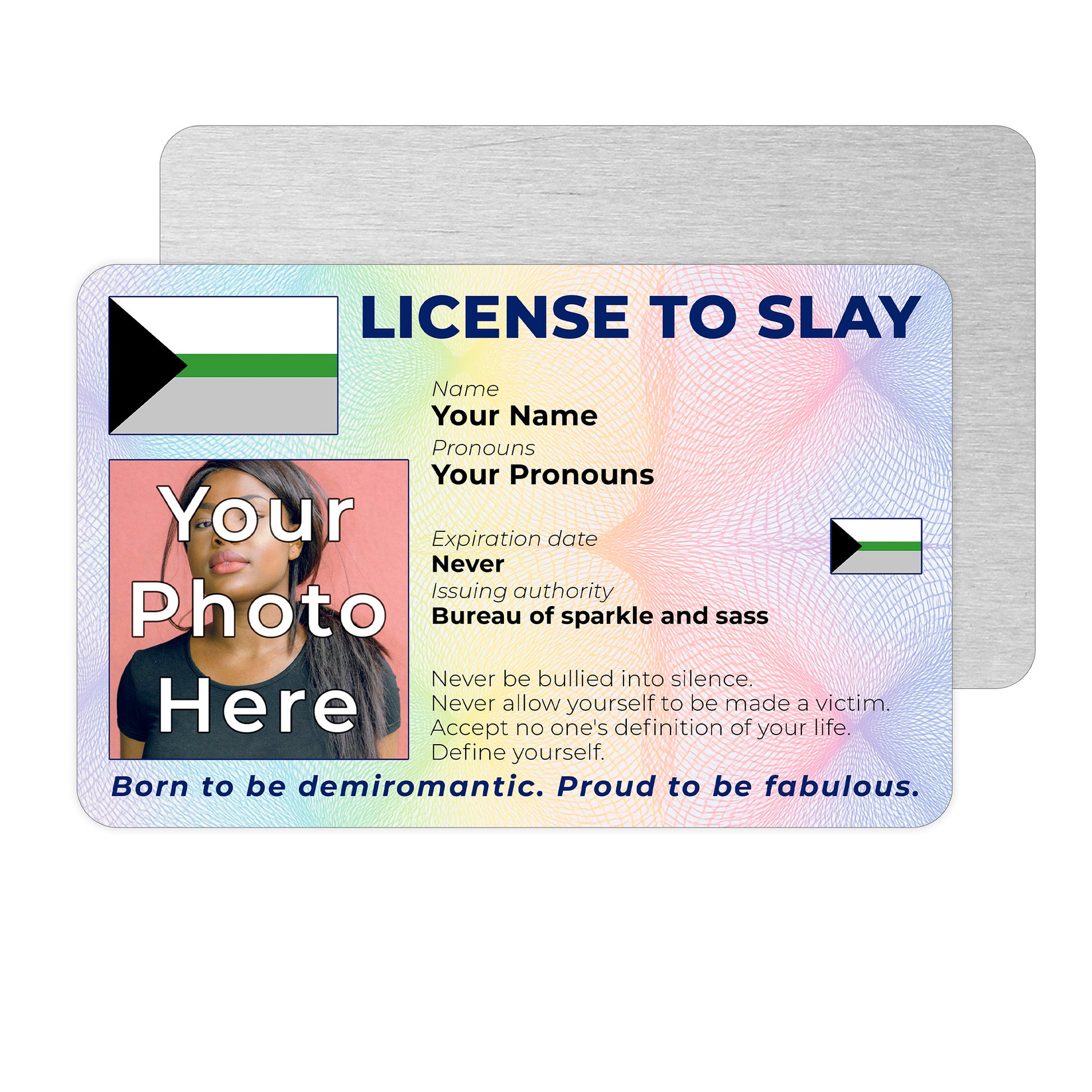 Personalised License To Slay novelty wallet card with your photo, name, and pronouns featuring a Demiromantic pride flag design.