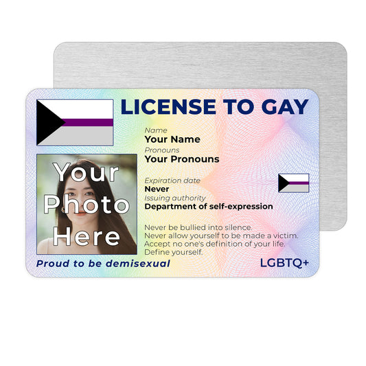 Personalised License To Gay novelty wallet card with your photo, name, and pronouns featuring a Demisexual pride flag design.