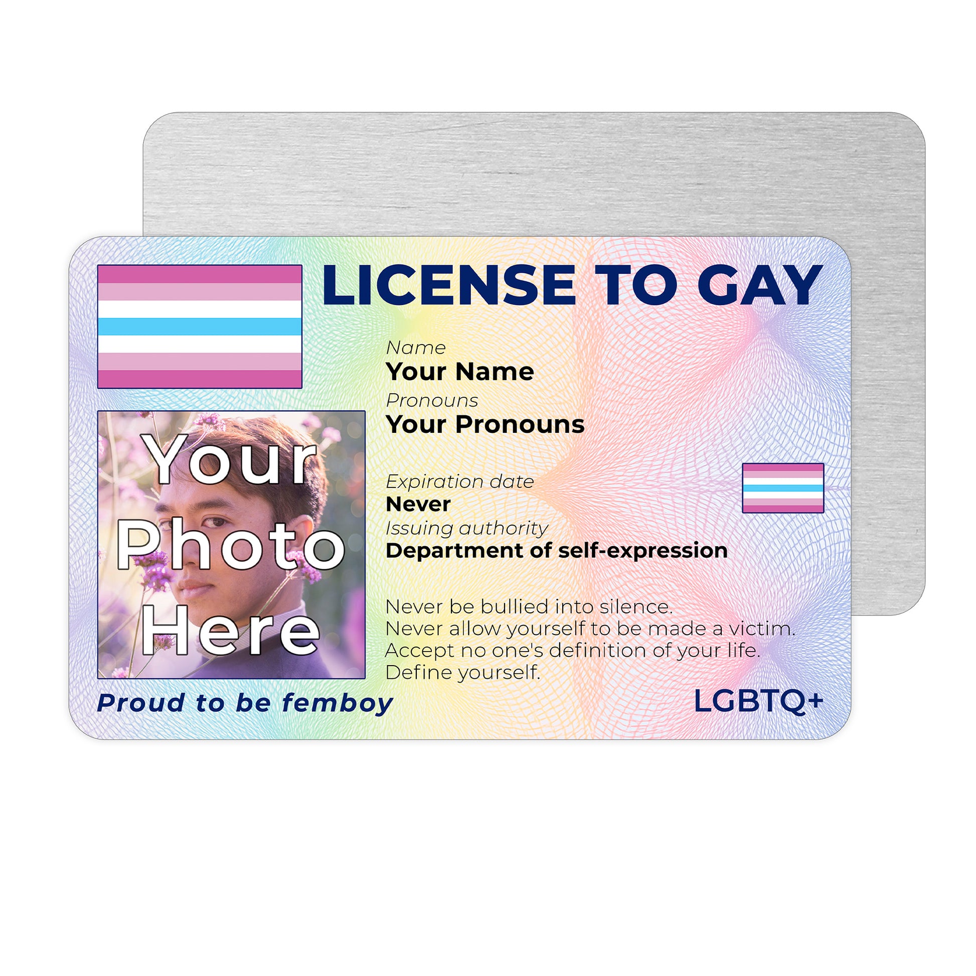Personalised License To Gay novelty wallet card with your photo, name, and pronouns featuring a Femboy pride flag design.