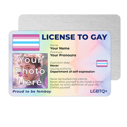 Personalised License To Gay novelty wallet card with your photo, name, and pronouns featuring a Femboy pride flag design.