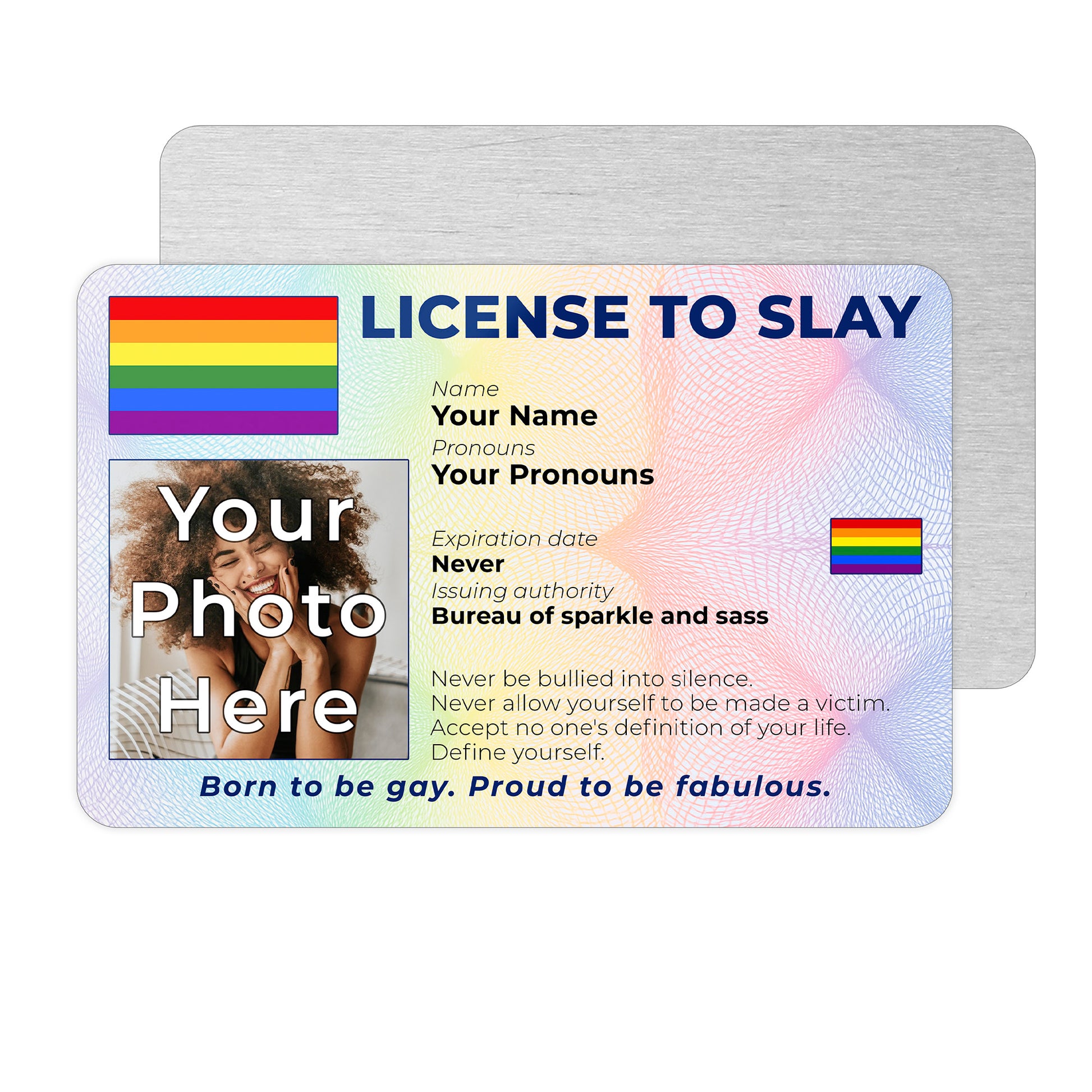 Personalised License To Slay novelty wallet card with your photo, name, and pronouns featuring a Gay pride flag design.