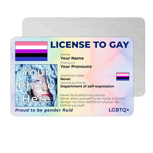 Personalised License To Gay novelty wallet card with your photo, name, and pronouns featuring a Gender Fluid pride flag design.