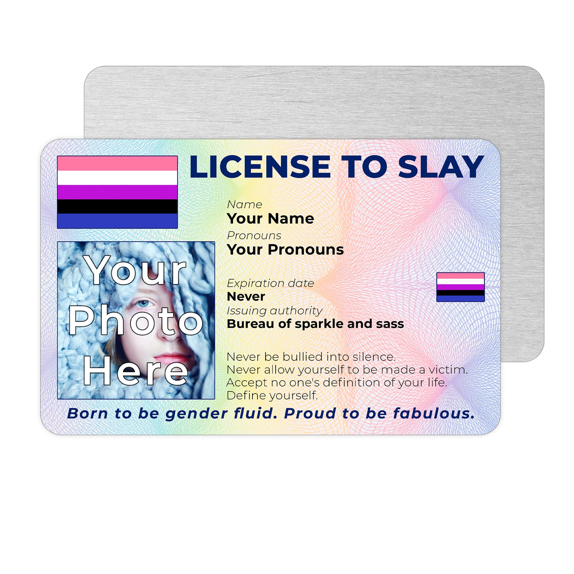 Personalised License To Slay novelty wallet card with your photo, name, and pronouns featuring a Gender Fluid pride flag design.